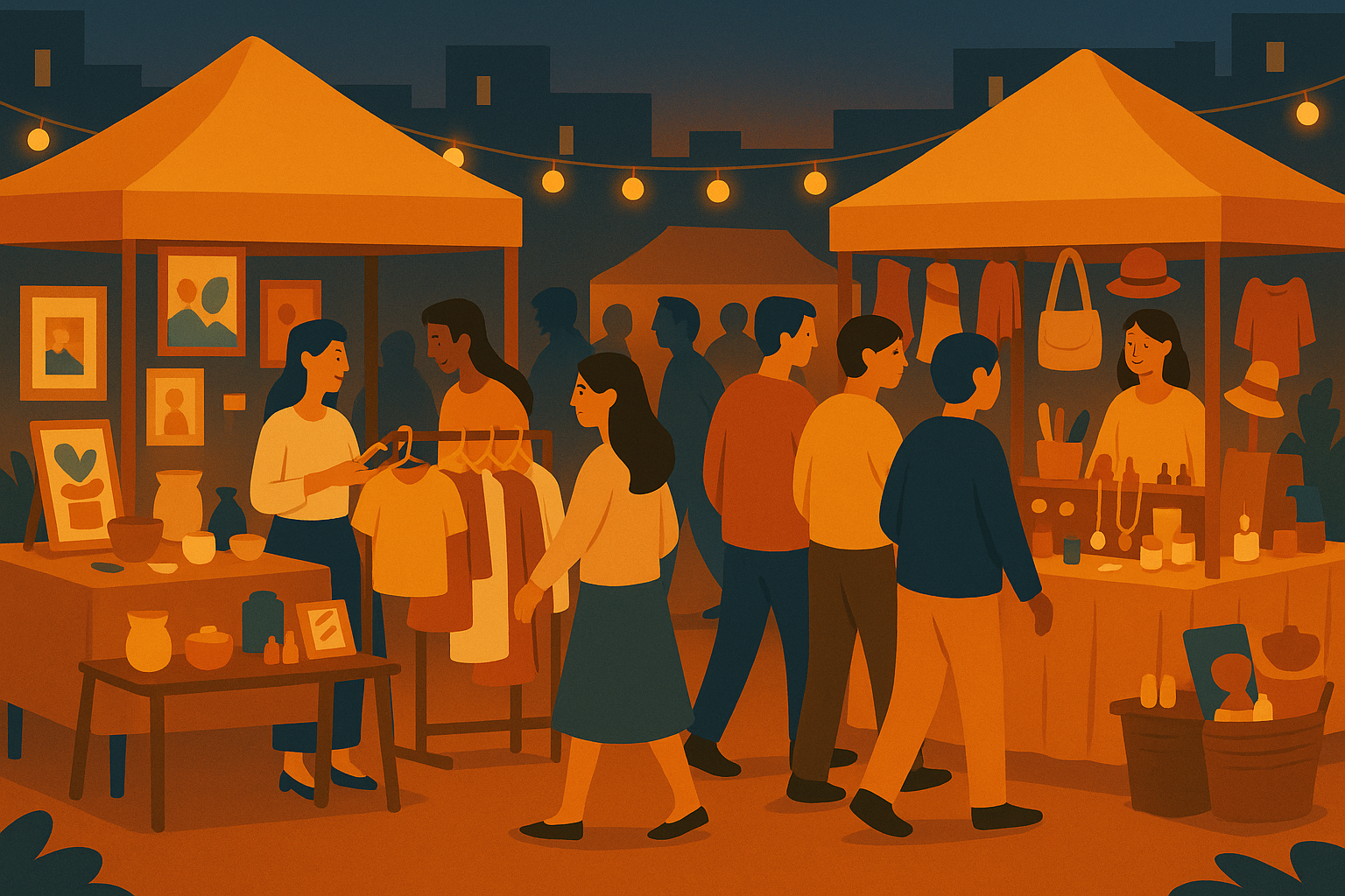 A warm market scene with people browsing.