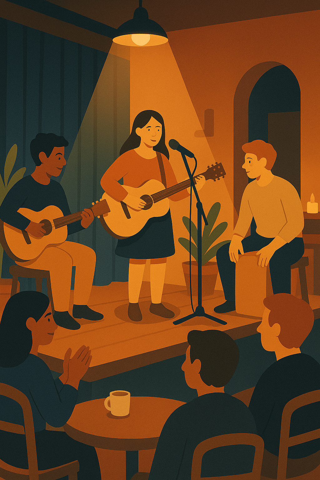 A small music venue with a performer under warm light.